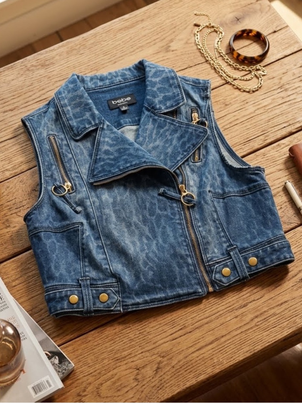 bebe Denim Moto Vest in Blue Wash xs